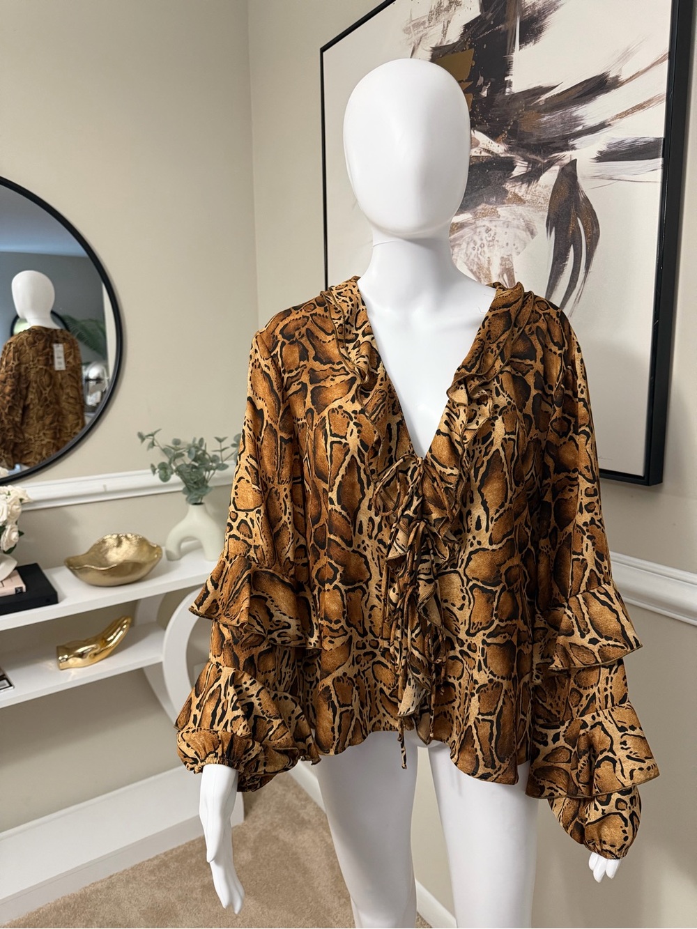Zara Snake-Print Ruffle Tie-Front Blouse - Brown